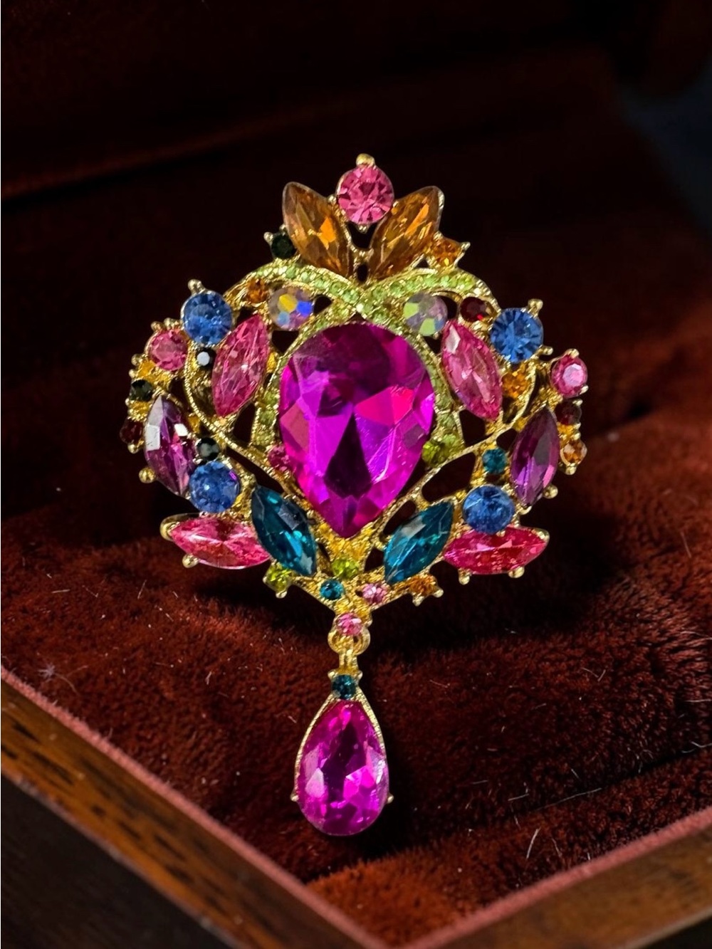 Large Gold-Tone Multicolor Crystal Drop Brooch